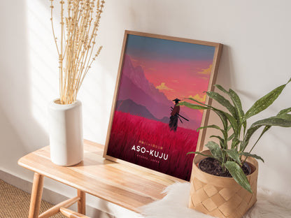 Aso-Kuju National Park Poster | Japan Samurai Travel Print Wall Art | Framed or Unframed