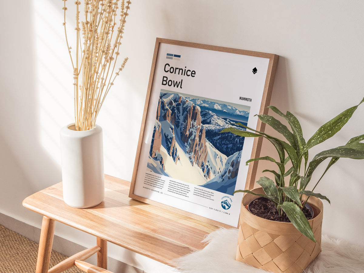 Cornice Bowl, Mammoth Poster | Alpine Print Ski Lodge Decor Wall Art — styled in a modern interior