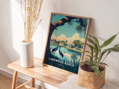 A framed Lakewood Ranch poster featuring a lakeside scene with birds is propped on a wooden bench. Nearby are a white vase with dried stems and a potted plant.