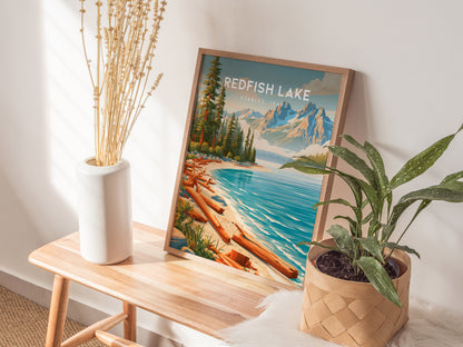 Redfish Lake, Stanley, Idaho Poster | Mountain Lake Destination Print Wall Art — styled in a modern interior