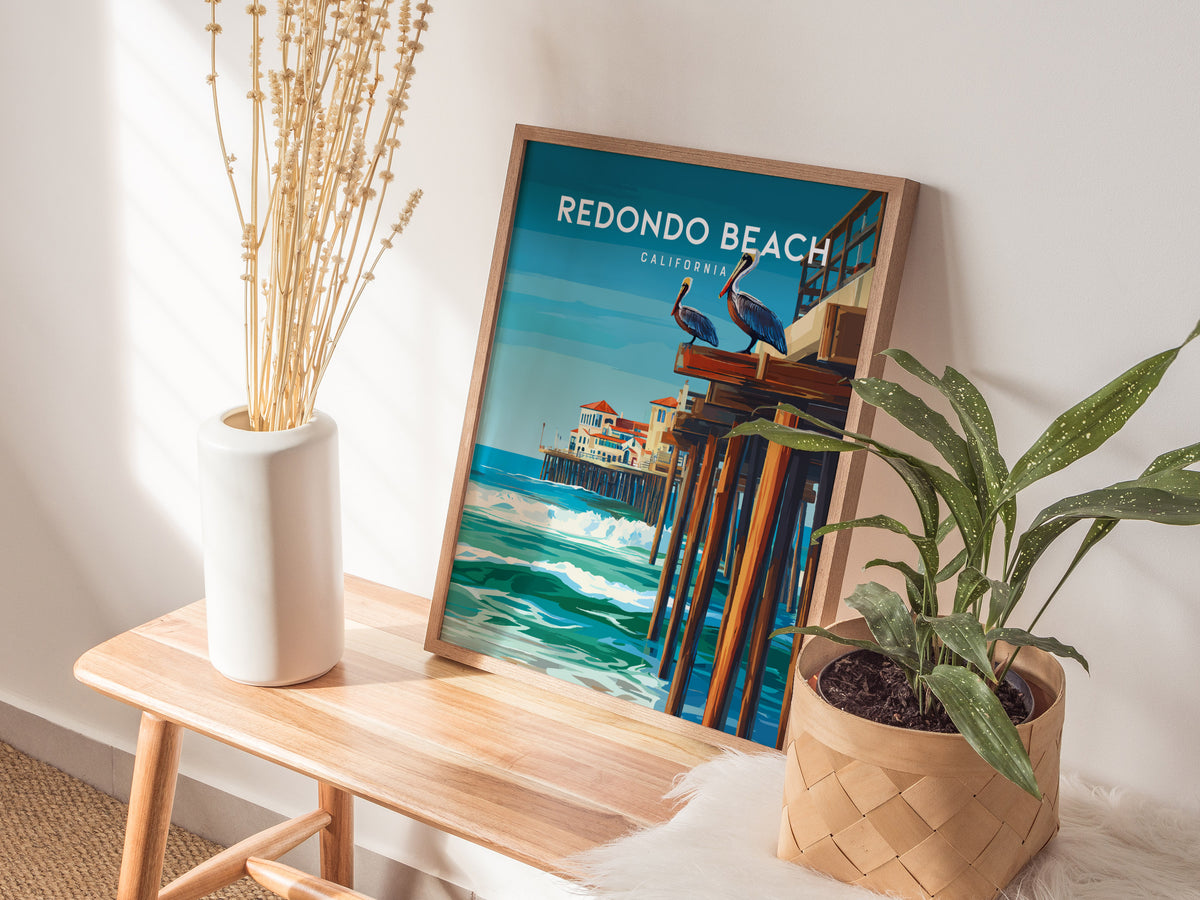 Redondo Beach, California Poster | Sun-Kissed Pier & Sailboat Wall Art — styled in a modern interior