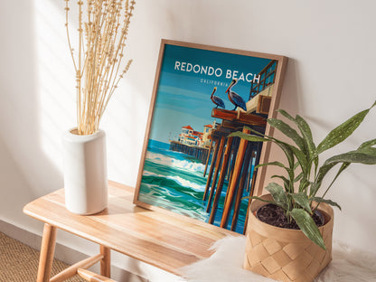 Redondo Beach, California Poster | Sun-Kissed Pier & Sailboat Wall Art — styled in a modern interior