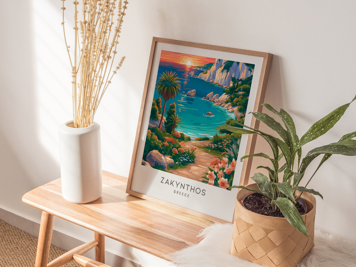 Zakynthos Matte Border Poster | Greece Travel Wall Art — styled in a modern interior