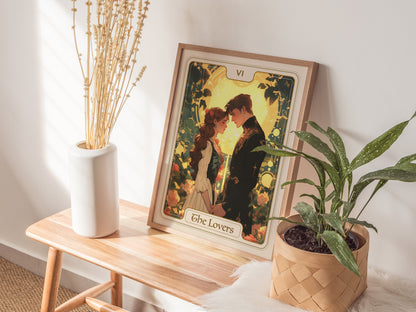 A framed poster of The Lovers Tarot card, featuring two figures standing closely together, surrounded by lush greenery and flowers.
