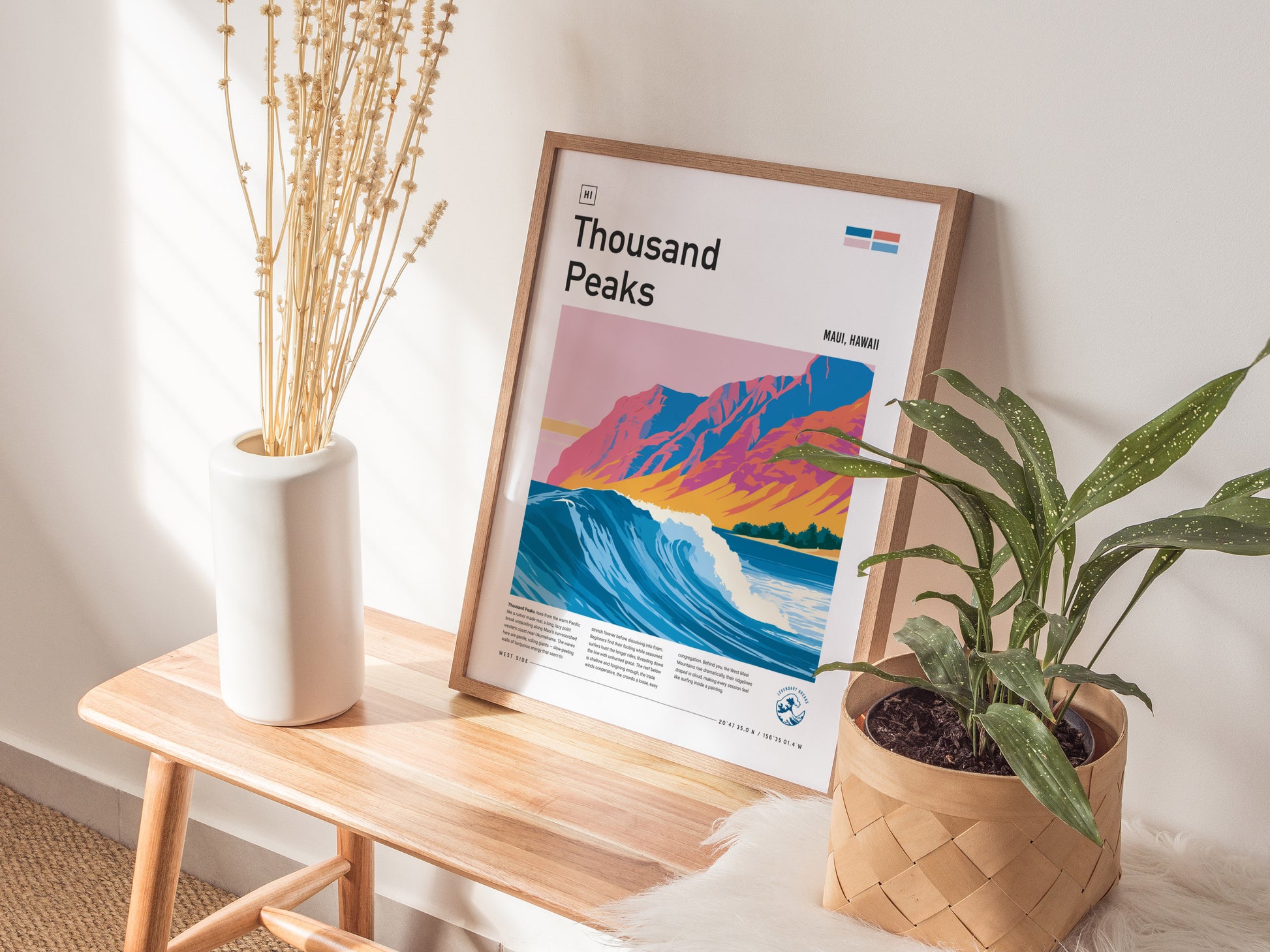 Thousand Peaks, Hawaii Poster | Tropical Surf Break Paradise Wall Art — styled in a modern interior