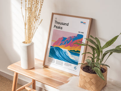 Thousand Peaks, Hawaii Poster | Tropical Surf Break Paradise Wall Art — styled in a modern interior