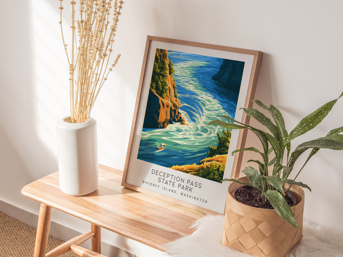 Deception Pass State Park Matte Border Poster | Whidbey Island, Washington Coastal Beach Decor — styled in a modern interior
