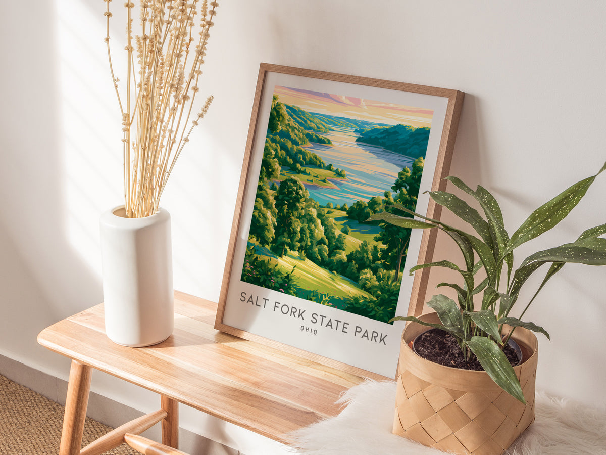 Salt Fork State Park Matte Border Poster | Ohio Destination Print Travel Wall Art — styled in a modern interior
