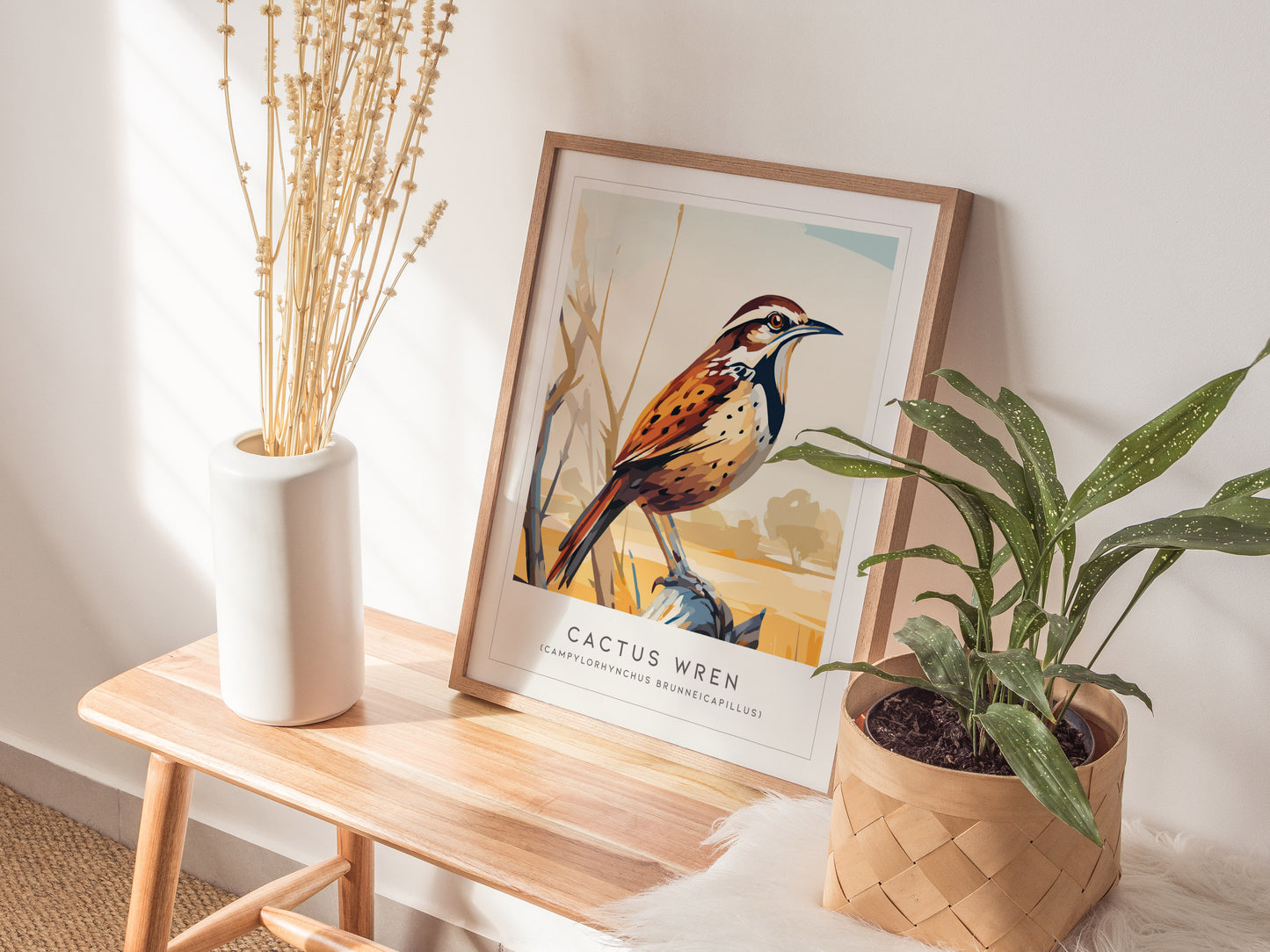 Cactus Wren Poster | Desert Songbird & Blooming Cactus Wall Art — styled in a modern interior