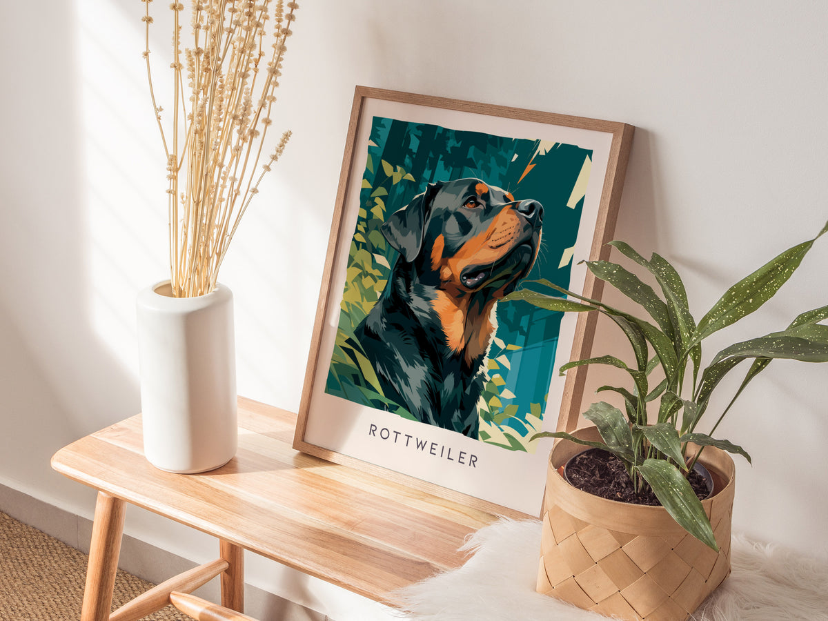 Rottweiler Poster | Loyal Guardian Wildlife Wall Art — styled in a modern interior