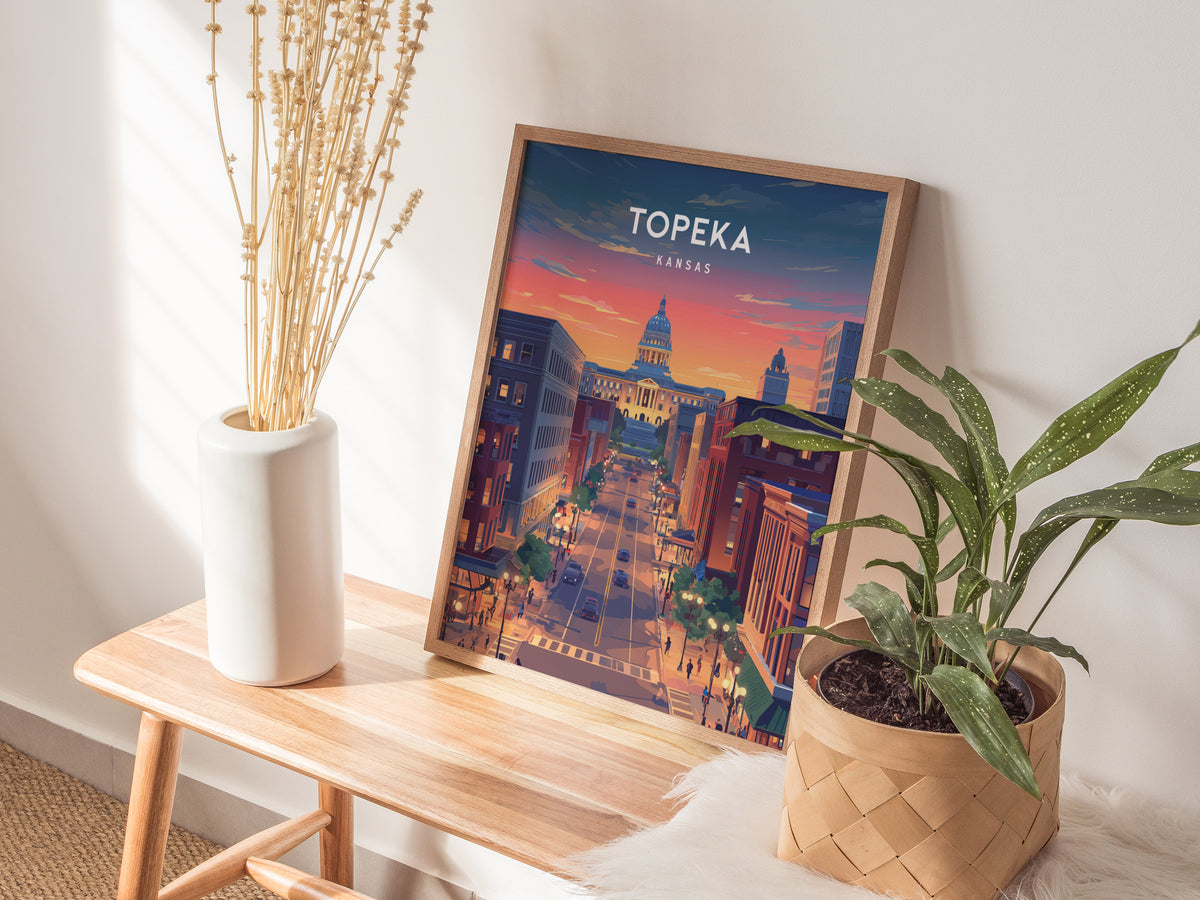 Topeka, Kansas Poster | Heartland Capitol Skyline Travel Wall Art — styled in a modern interior