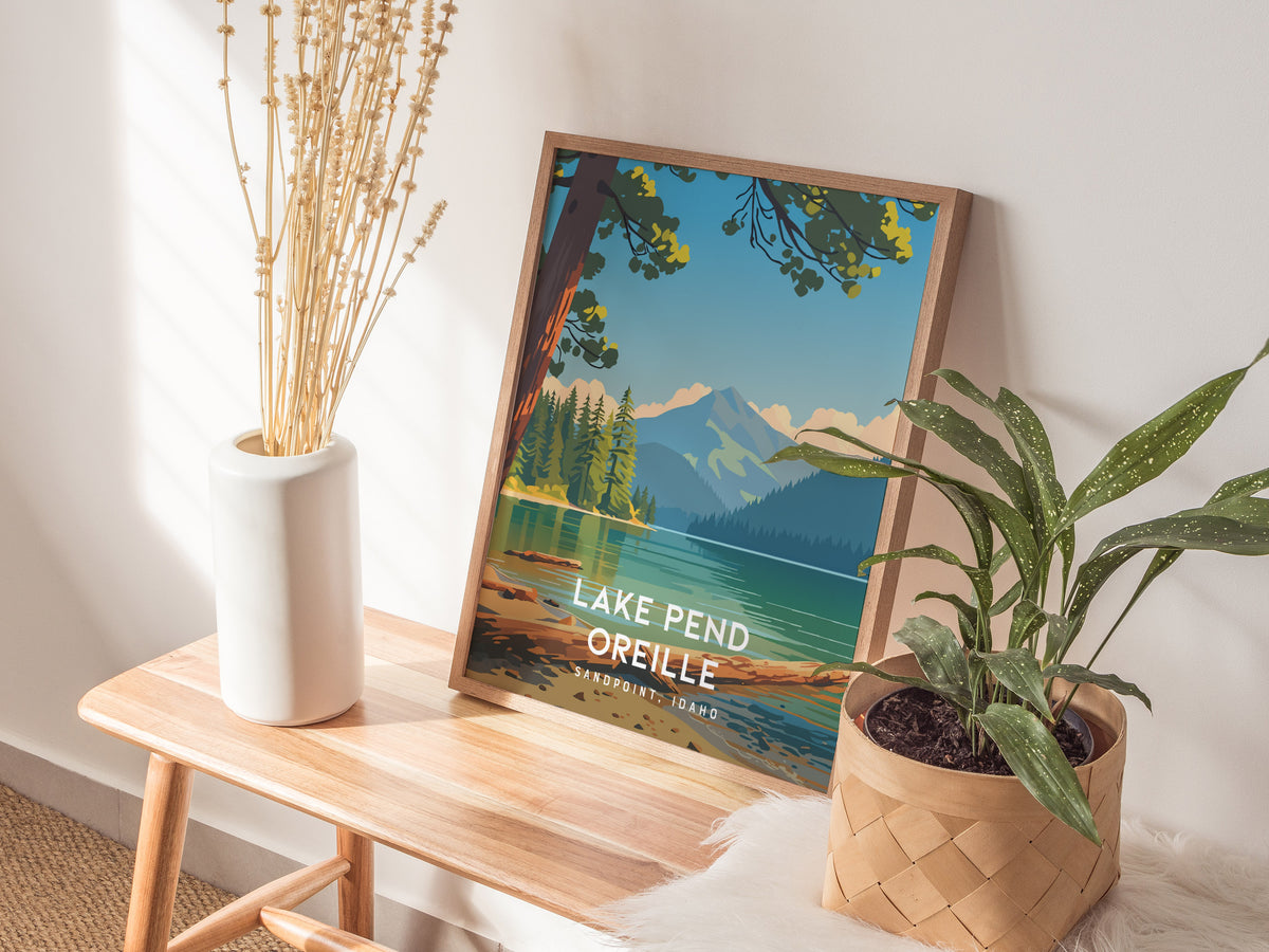 Lake Pend Oreille, Sandpoint, Idaho Poster | Mountain Lake Vacation Wall Art — styled in a modern interior