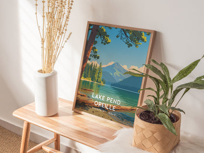 Lake Pend Oreille, Sandpoint, Idaho Poster | Mountain Lake Vacation Wall Art — styled in a modern interior