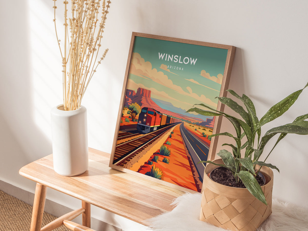 Winslow, Arizona Poster | Route 66 Desert Destination Print Wall Art — styled in a modern interior