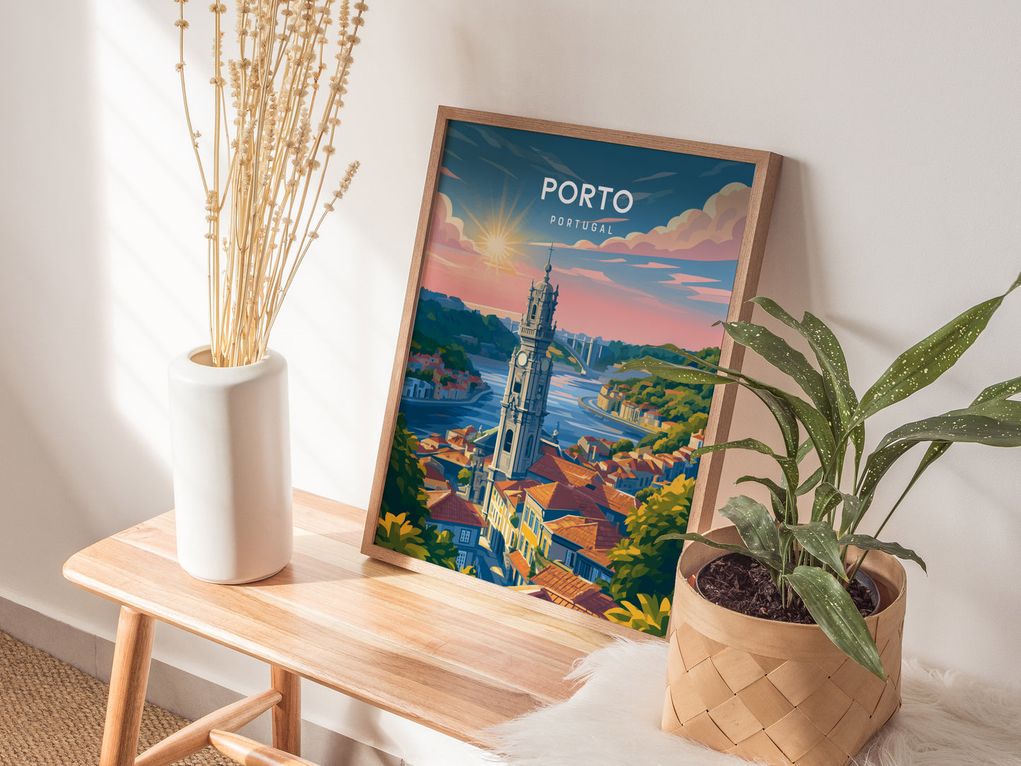 Porto, Portugal Poster | Rabelo Boats & Colorful Riverfront Wall Art — styled in a modern interior