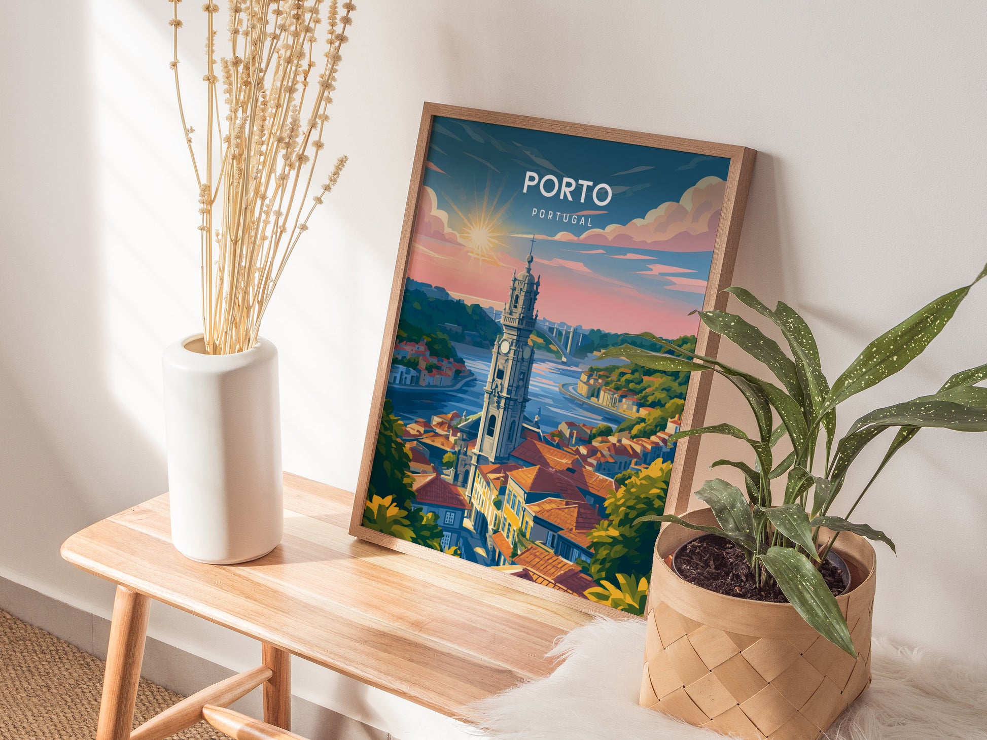 Porto, Portugal Poster | Rabelo Boats & Colorful Riverfront Wall Art — styled in a modern interior