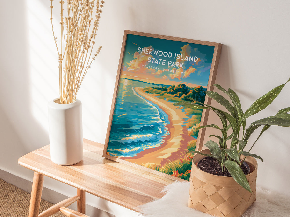 Sherwood Island State Park, Westport, Connecticut Poster | Seaside Travel Gift Wall Art — styled in a modern interior