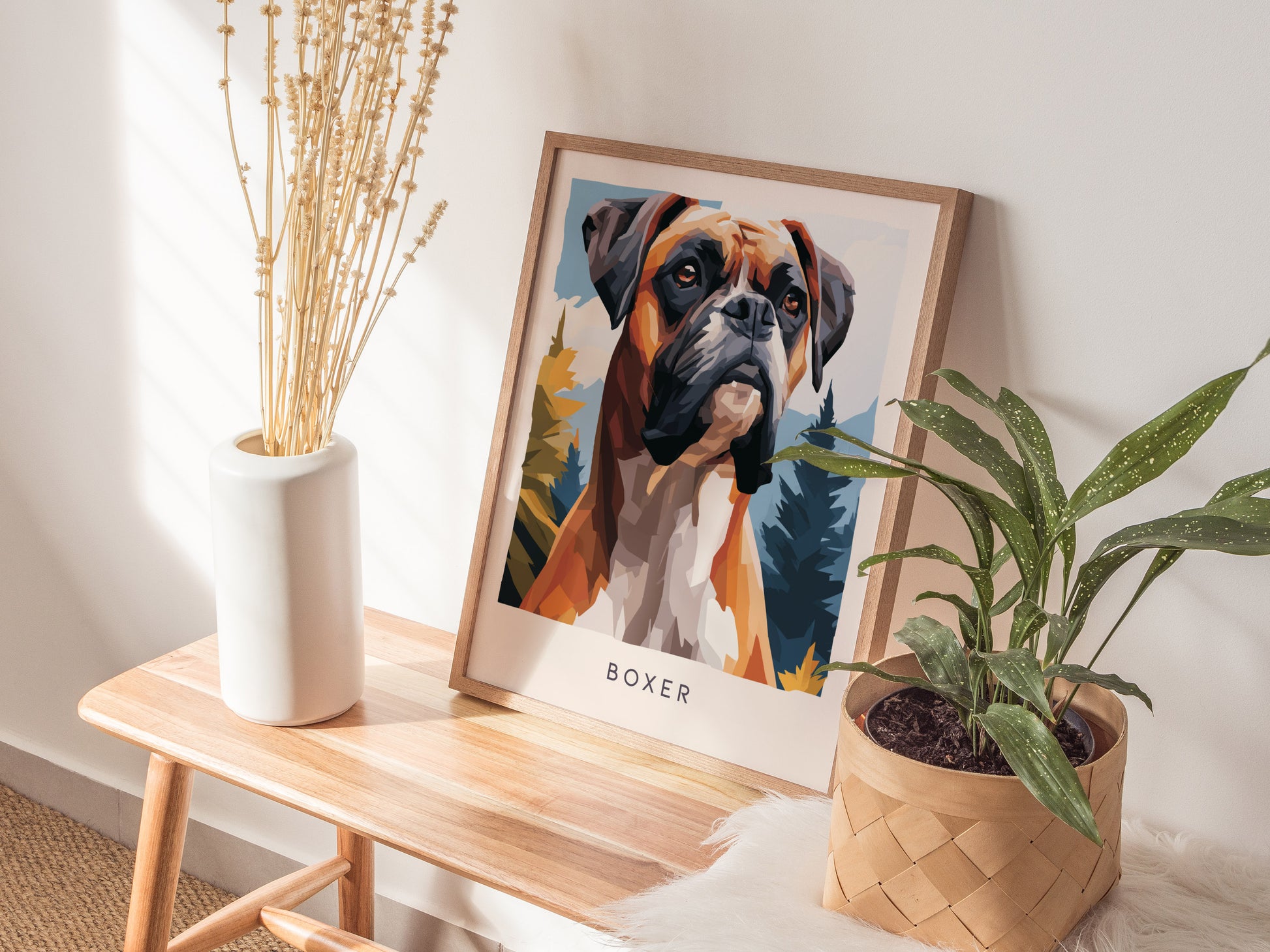 Boxer Poster | Loyal & Noble Canine Portrait Wall Art — styled in a modern interior