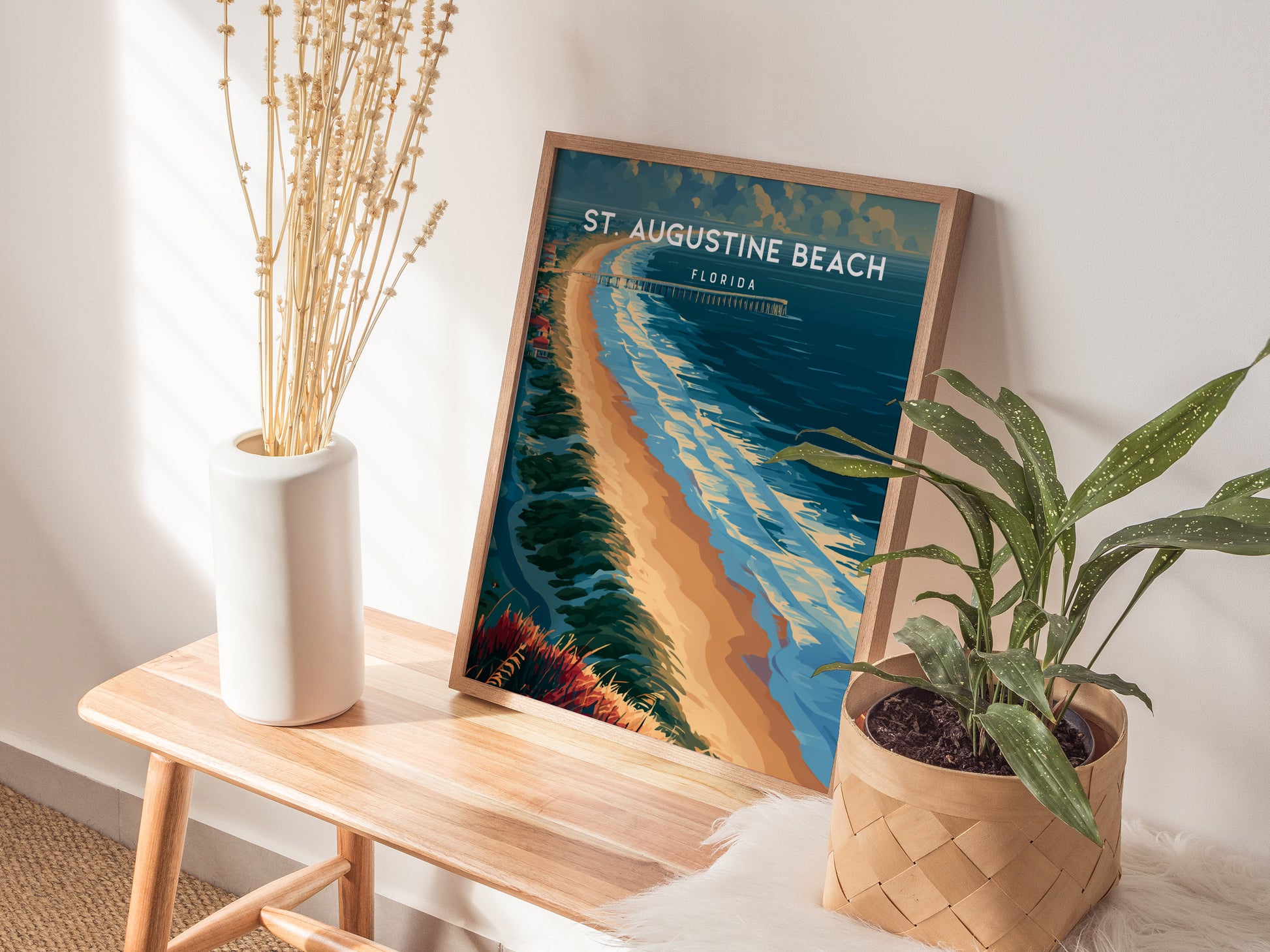 St. Augustine Beach, Florida Poster | Sun-Kissed Shores & Pier Wall Art — styled in a modern interior