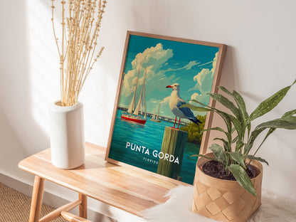 Framed Punta Gorda coastal poster featuring a seagull on a post, vibrant sailboats, and lush trees, perfect travel art.