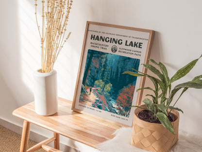 Hanging Lake, Glenwood Canyon Poster | Hiker Gift | Backcountry Trail Wall Art — styled in a modern interior