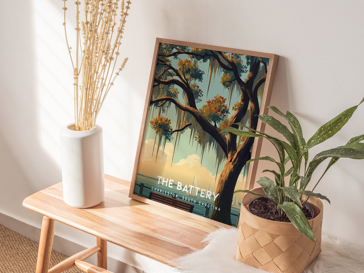 The Battery, Charleston, South Carolina Poster | Historic Waterfront Promenade Travel Wall Art — styled in a modern interior