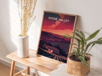 Rhône Valley, France Poster | Vineyard & River Countryside Wall Art — styled in a modern interior