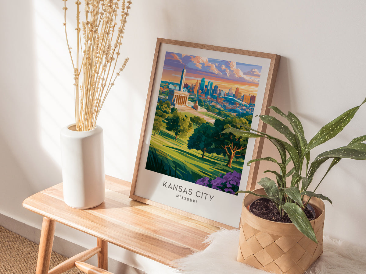 Kansas City Matte Border Poster | Missouri Travel Wall Art — styled in a modern interior