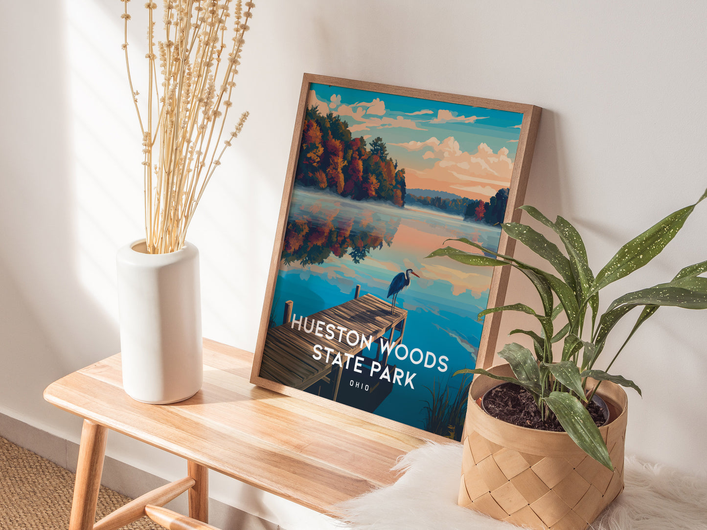 Hueston Woods State Park, Ohio Poster | Forest Lake Wilderness Retreat Wall Art — styled in a modern interior