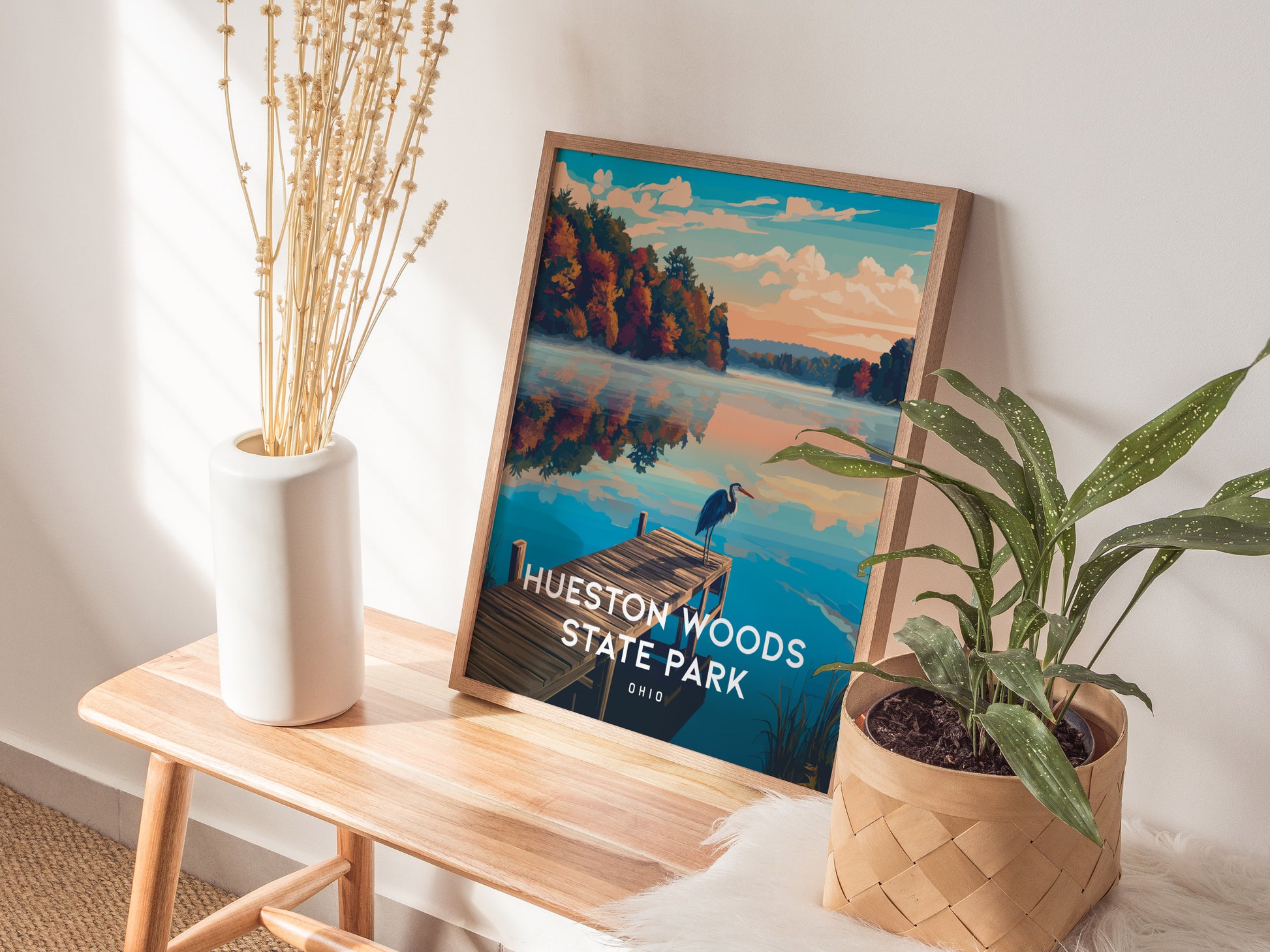 Hueston Woods State Park, Ohio Poster | Forest Lake Wilderness Retreat Wall Art — styled in a modern interior