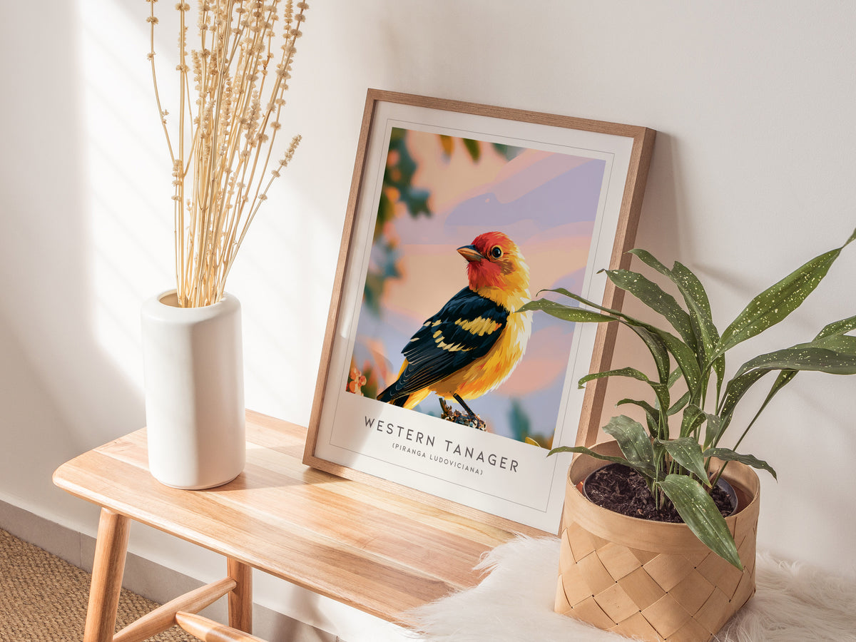 Western Tanager, Piranga ludoviciana Poster | Vibrant Songbird Nature Wall Art — styled in a modern interior