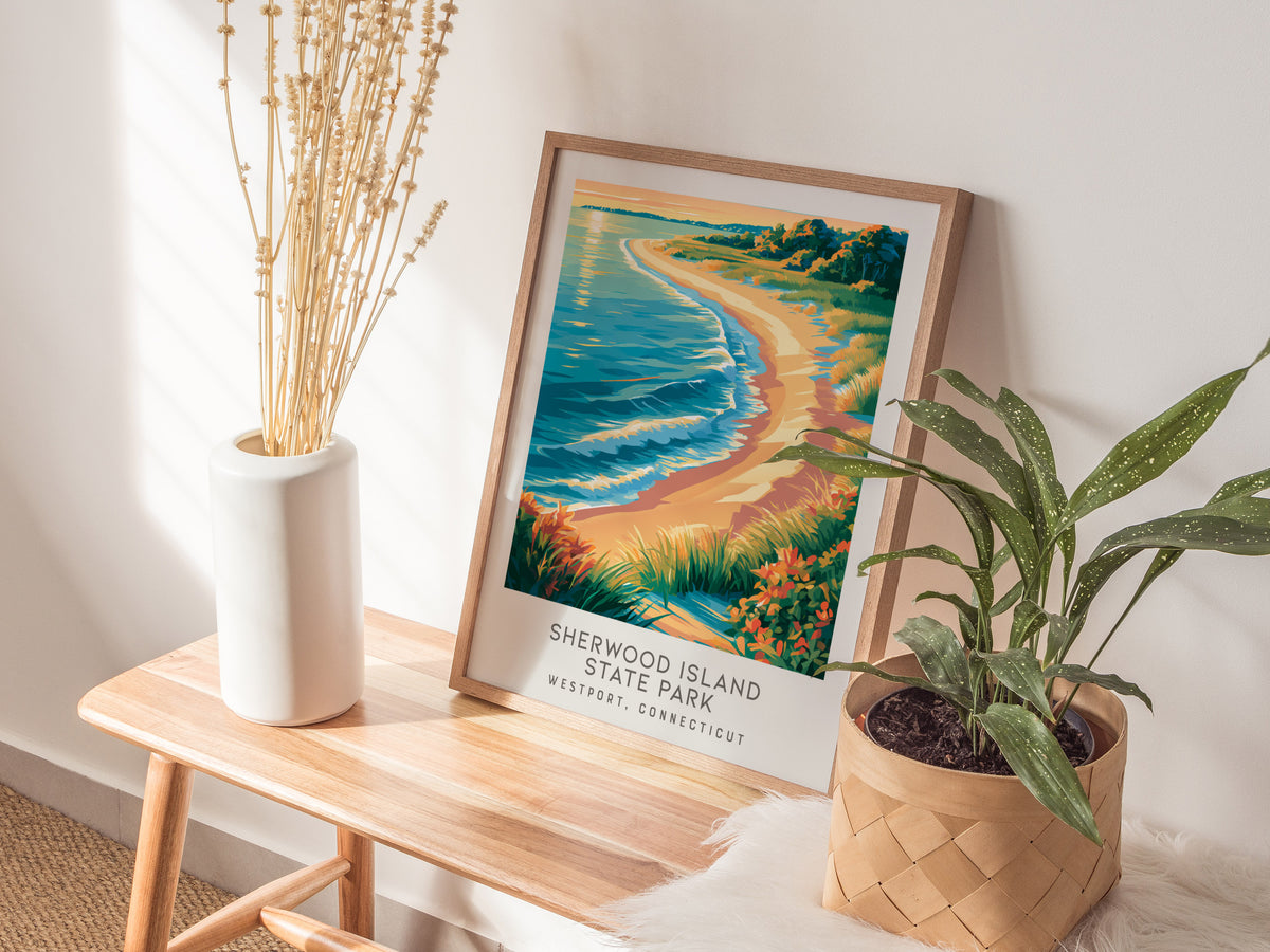 Sherwood Island State Park Matte Border Poster | Westport, Connecticut Coastal Beach Decor — styled in a modern interior