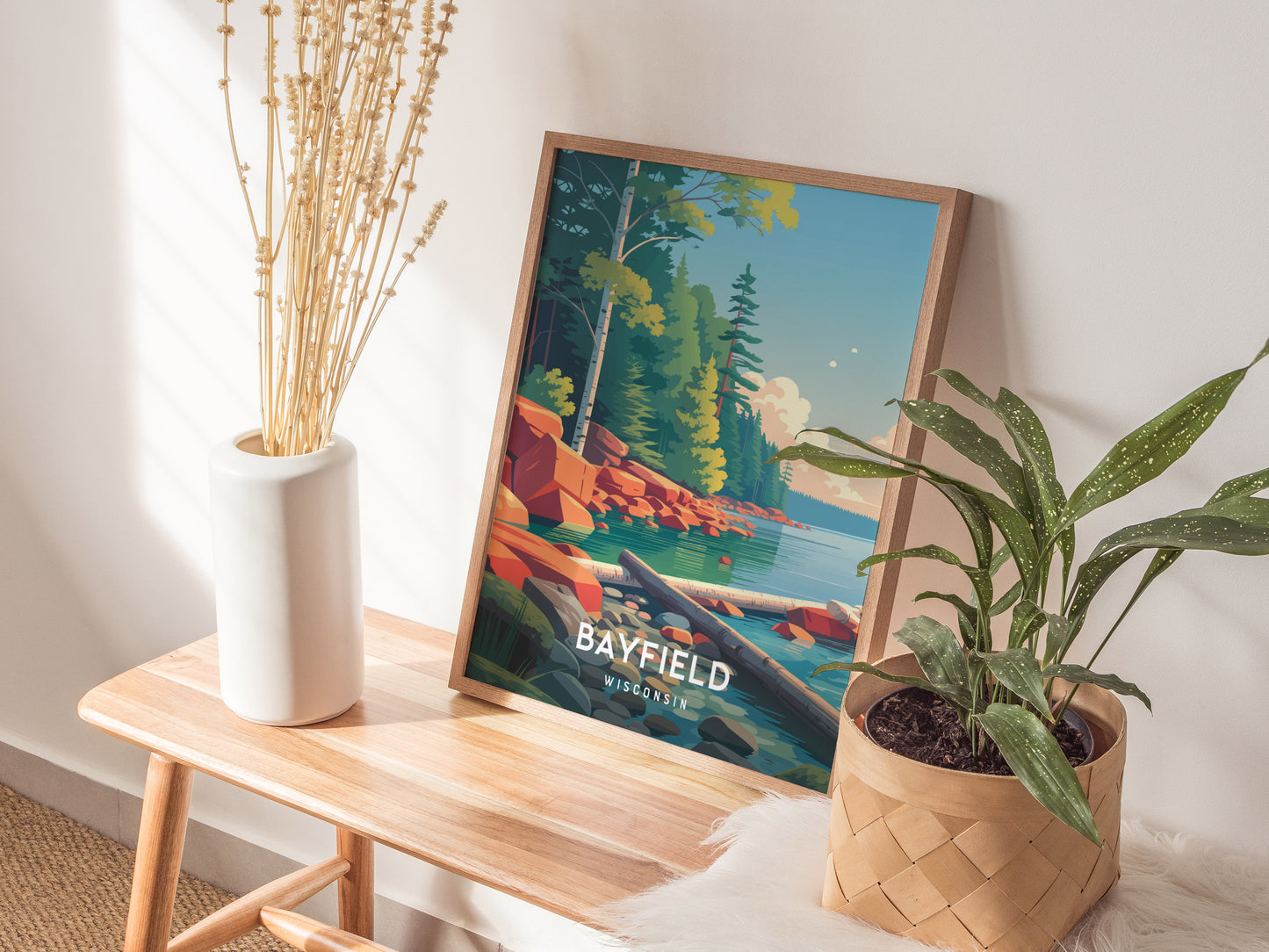 Bayfield, Wisconsin Poster | Lakeside Harbor & Sailboat Travel Wall Art — styled in a modern interior