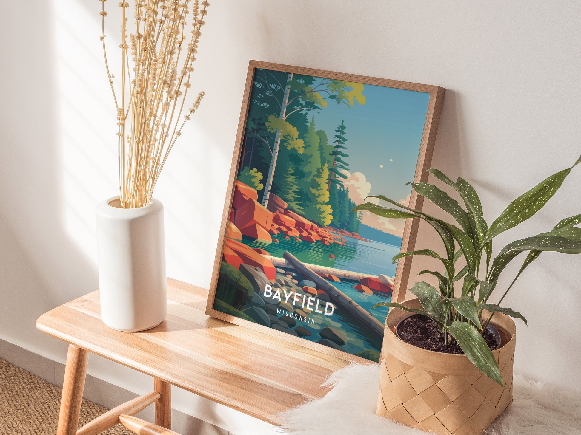 Bayfield, Wisconsin Poster | Lakeside Harbor & Sailboat Travel Wall Art — styled in a modern interior