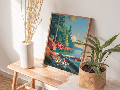 Bayfield, Wisconsin Poster | Lakeside Harbor & Sailboat Travel Wall Art — styled in a modern interior