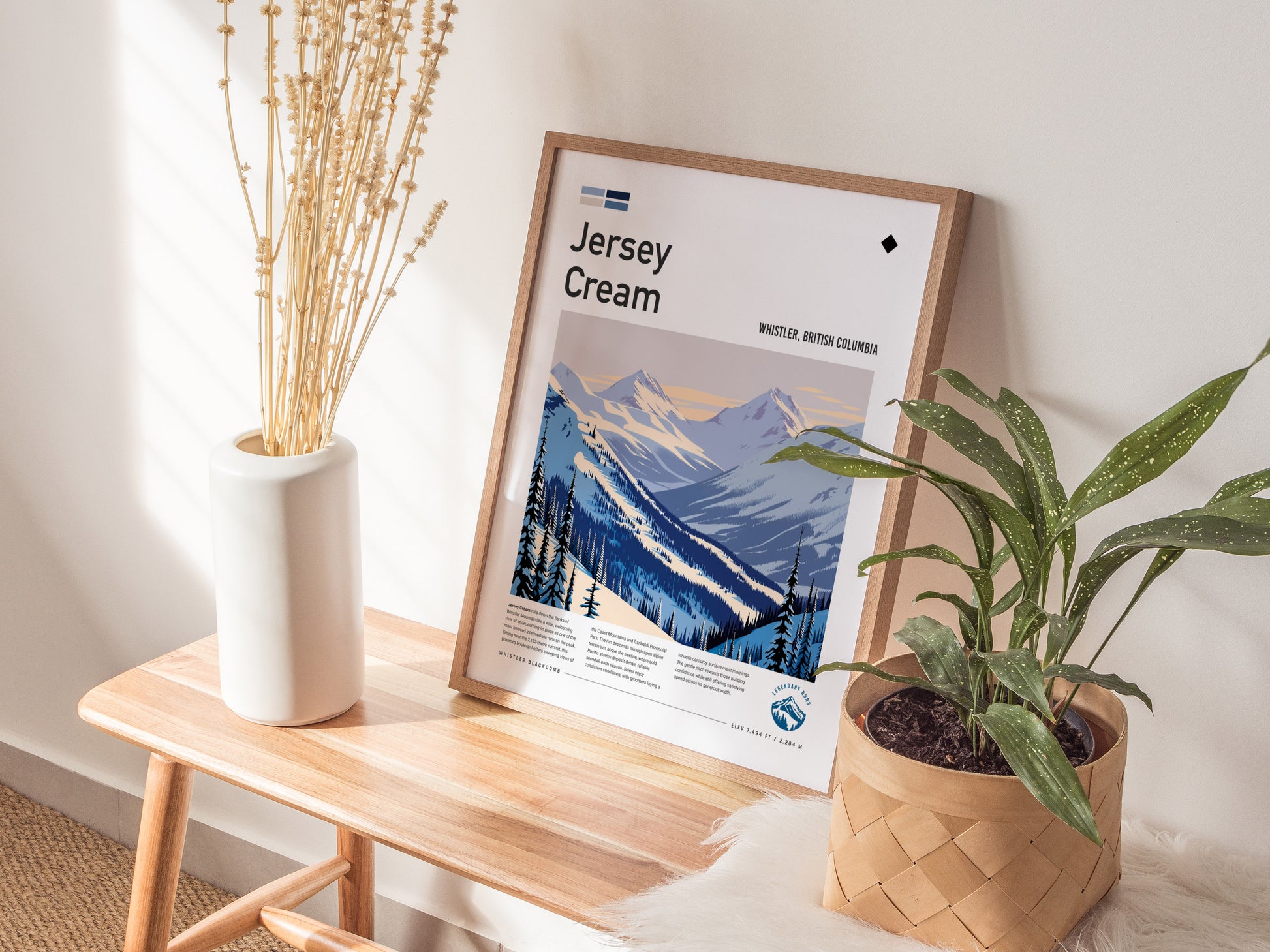 Jersey Cream, Whistler, British Columbia Poster | Alpine Print Ski Lodge Decor Wall Art — styled in a modern interior