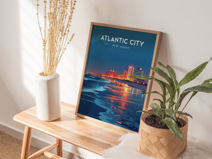 Atlantic City, New Jersey Poster | Boardwalk & Steel Pier Coastal Wall Art — styled in a modern interior