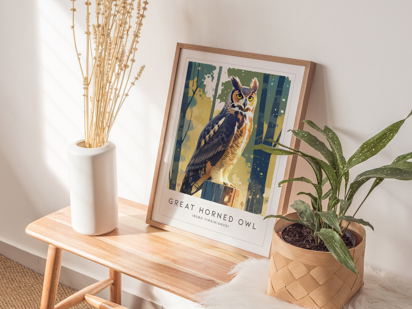 Great Horned Owl Moon Framed Poster | Hoot Owl Bird Lover Nature Modern Wall Art | Bird Of Prey Audubon Print Decor