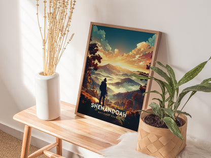 A framed Shenandoah National Park poster depicting a hiker overlooking the Blue Ridge Mountains is displayed on a wooden bench, surrounded by a vase of dried flowers and a potted.