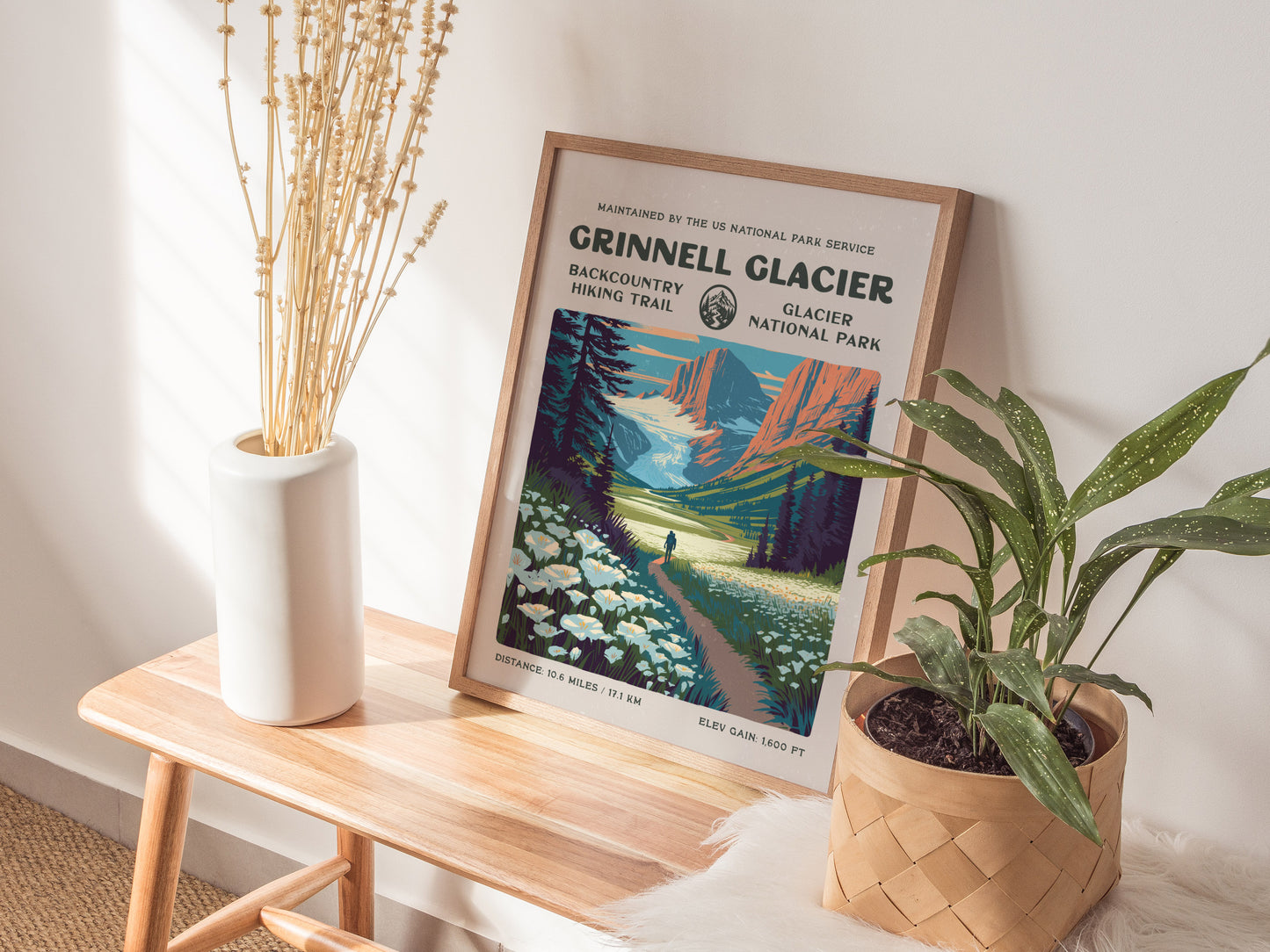 Grinnell Glacier, Glacier National Park Poster | Hiker Gift | Backcountry Trail Wall Art — styled in a modern interior