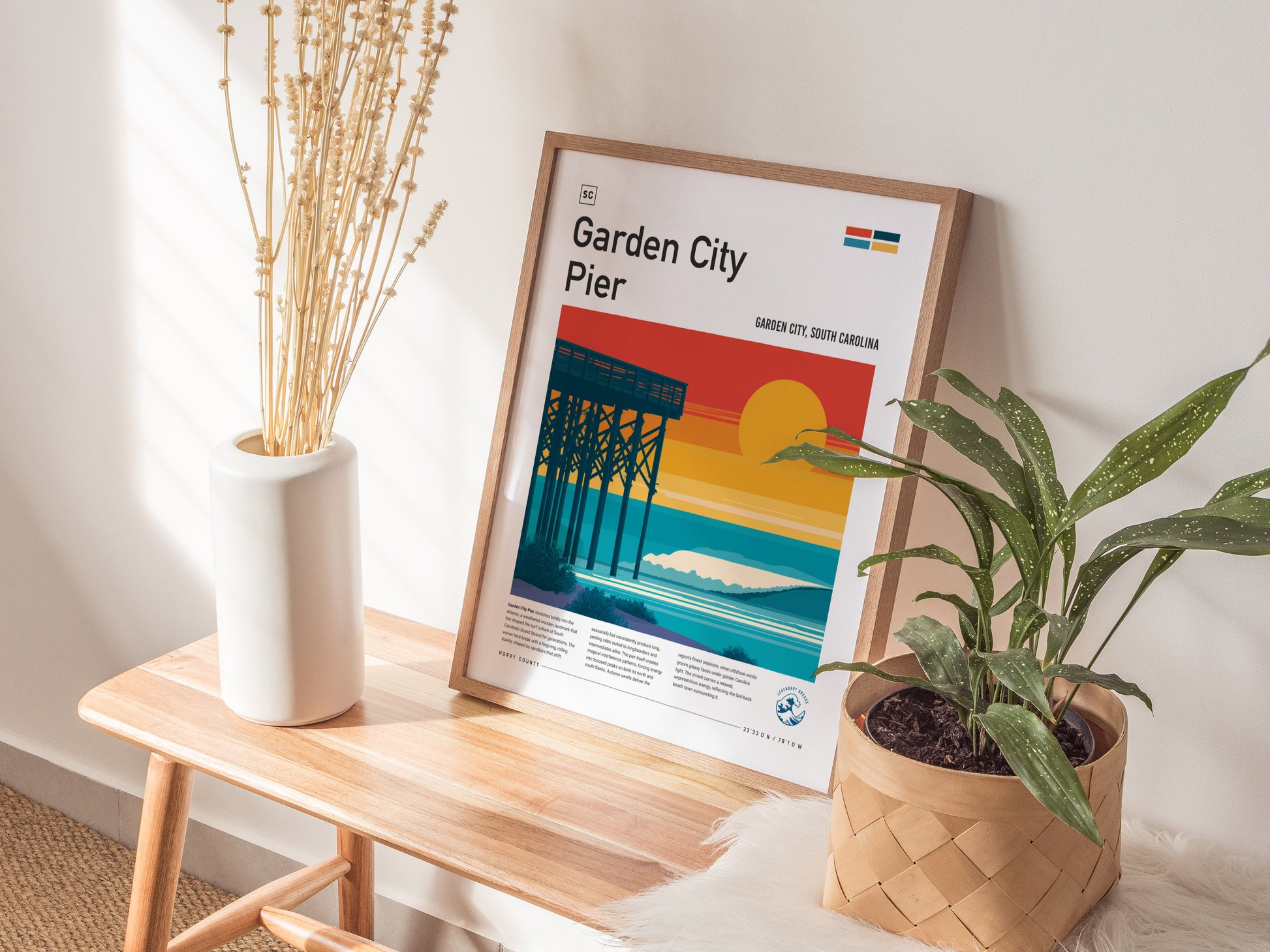 Garden City Pier, Garden City, South Carolina Poster | Surf Waves & Coastal Pier Wall Art — styled in a modern interior