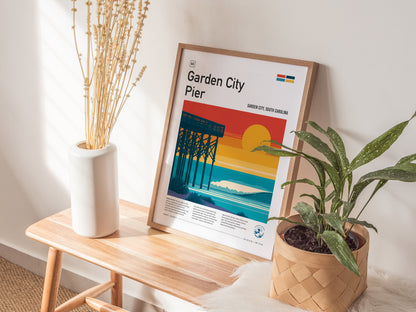 Garden City Pier, Garden City, South Carolina Poster | Surf Waves & Coastal Pier Wall Art — styled in a modern interior