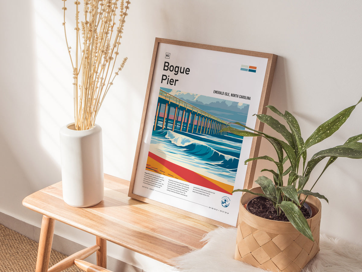Bogue Pier, Emerald Isle, North Carolina Poster | Surf Wall Art & Beach House Decor — styled in a modern interior