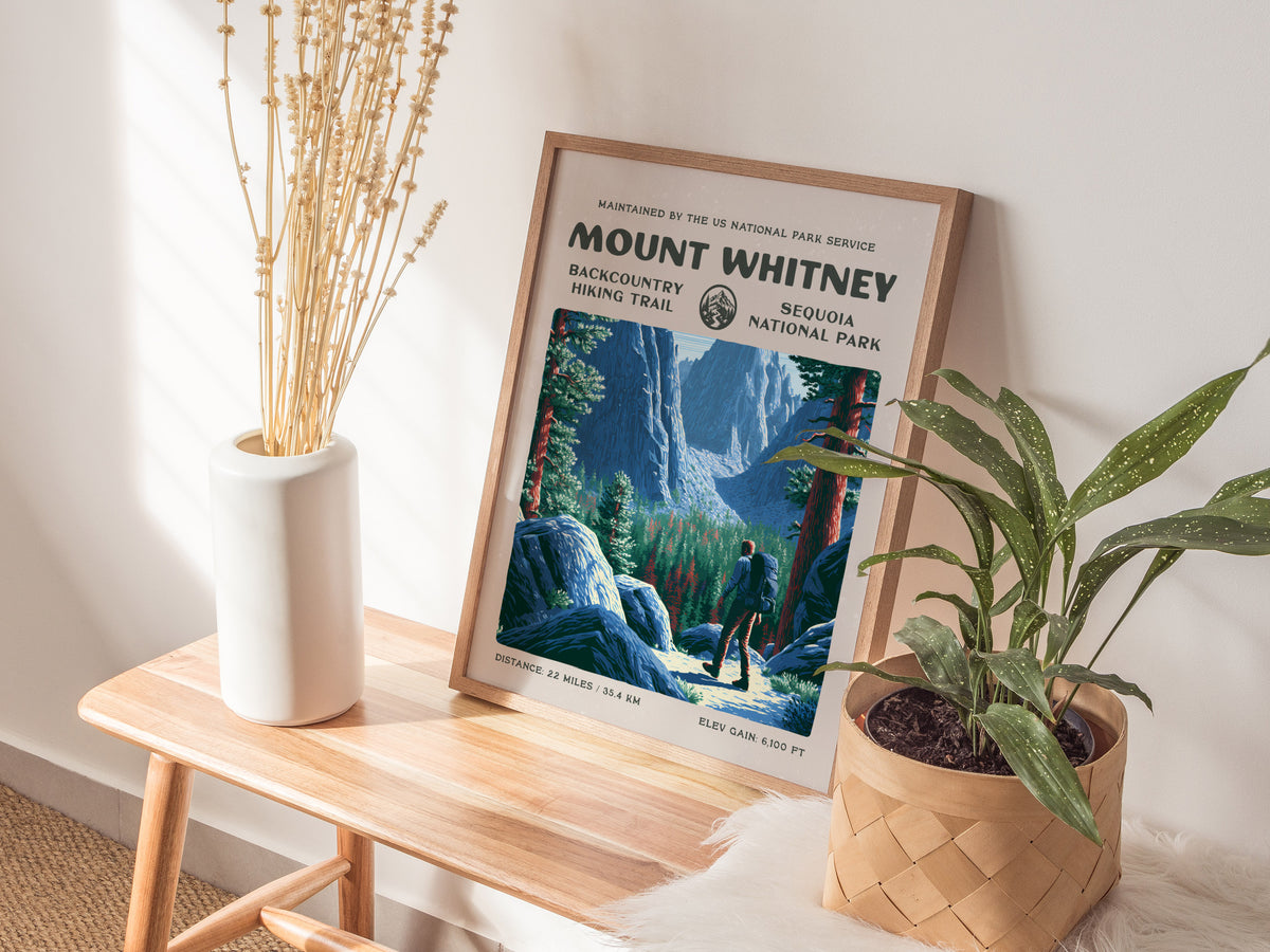 Mount Whitney, Sequoia National Park Poster | Hiker Gift | Backcountry Trail Wall Art — styled in a modern interior