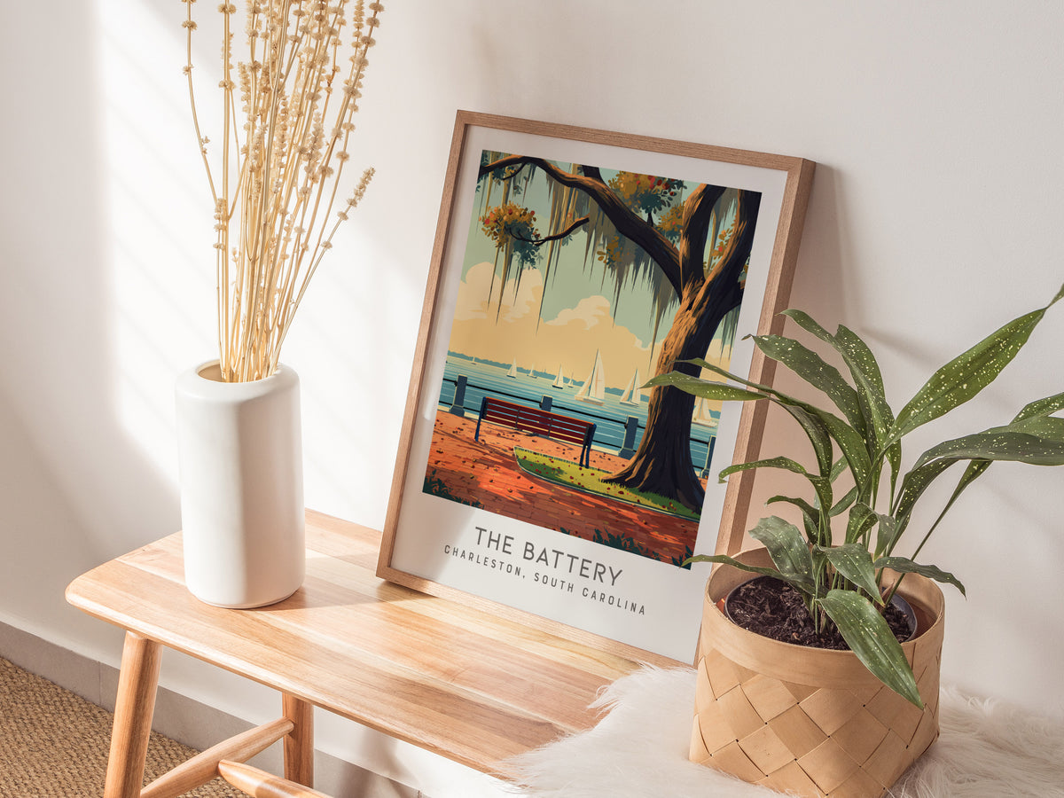 The Battery Matte Border Poster | Charleston, South Carolina Coastal Beach Decor — styled in a modern interior