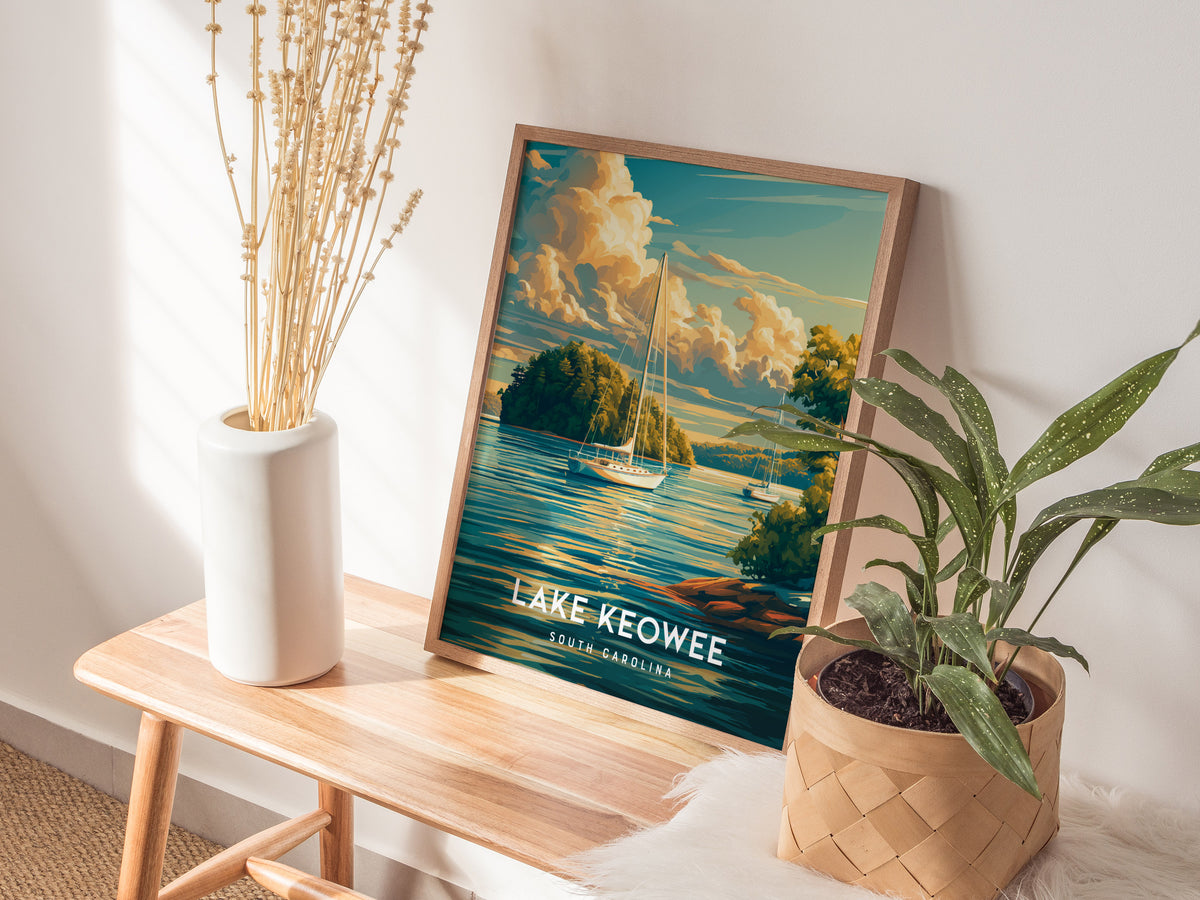 Lake Keowee, South Carolina Poster | Lakeside Mountain Retreat Wall Art — styled in a modern interior