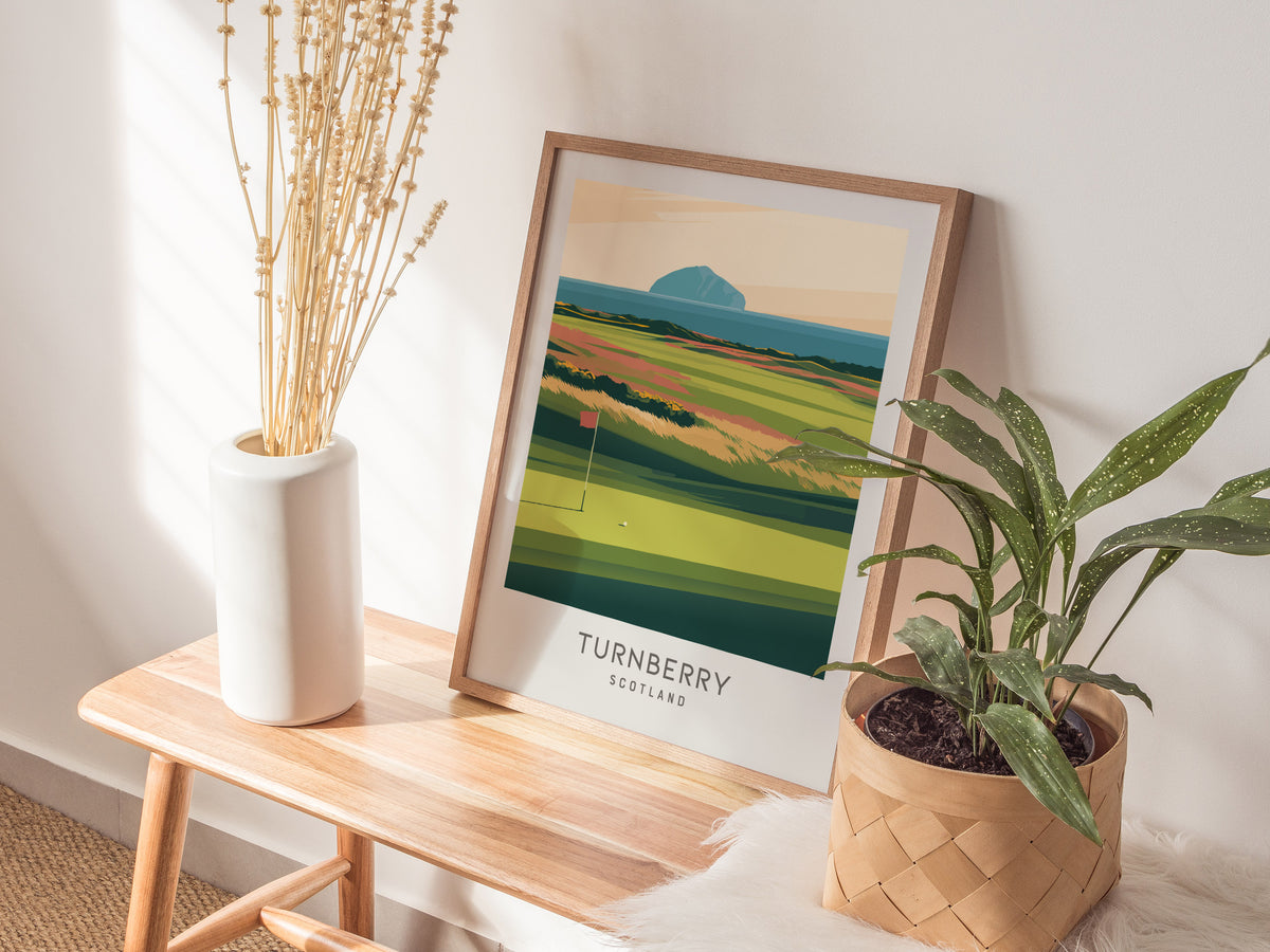 Turnberry Matte Border Poster | Scotland Travel Wall Art — styled in a modern interior