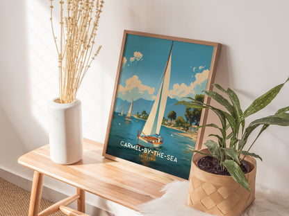 A framed poster titled Carmel-by-the-Sea featuring a sailboat is displayed on a wooden bench, accompanied by a white vase with dried flowers and a potted plant.