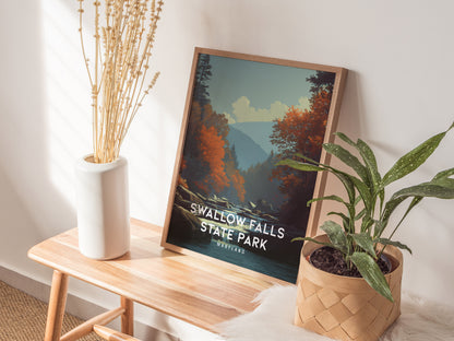 Swallow Falls State Park, Maryland Poster | Waterfall Forest Destination Print Wall Art — styled in a modern interior