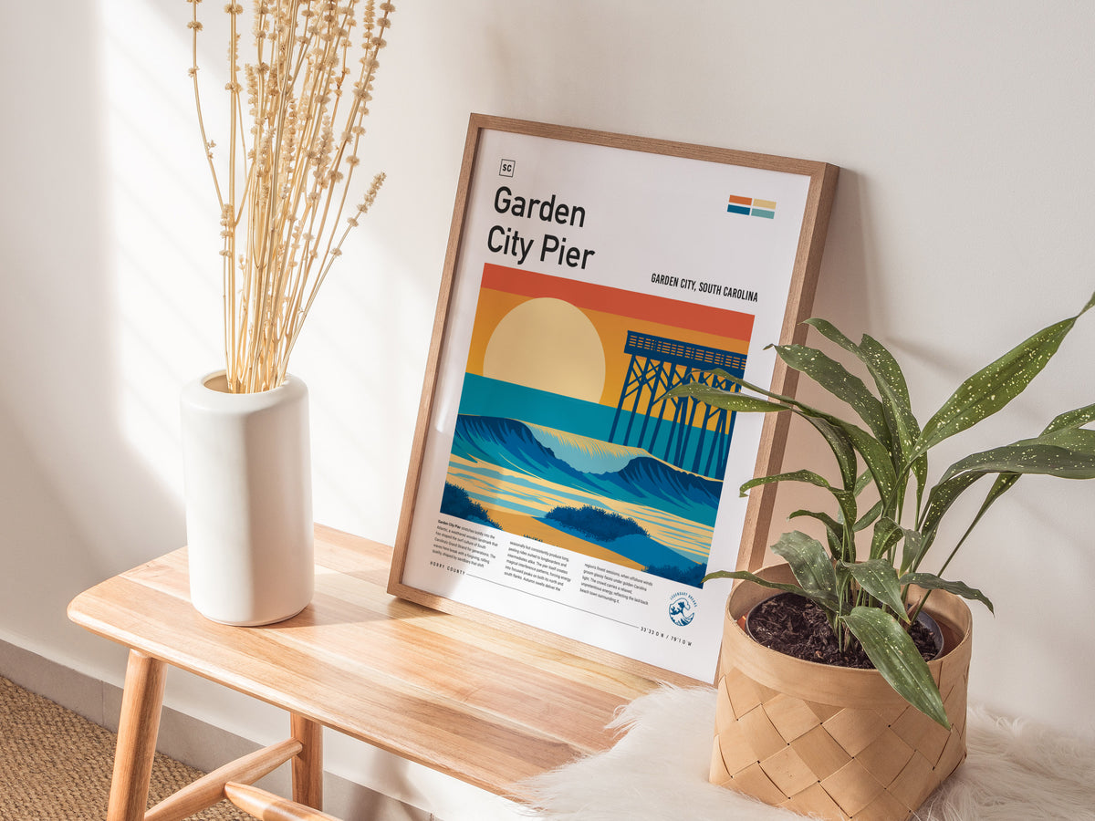 Garden City Pier, Garden City, South Carolina Poster | Surf Waves & Coastal Pier Wall Art — styled in a modern interior